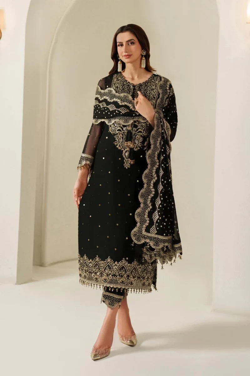 Midnight Black Heavy Embroidered Chiffon 3-Piece Ready-to-Wear