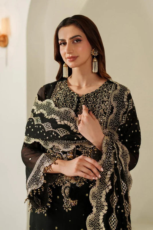Midnight Black Heavy Embroidered Chiffon 3-Piece Ready-to-Wear