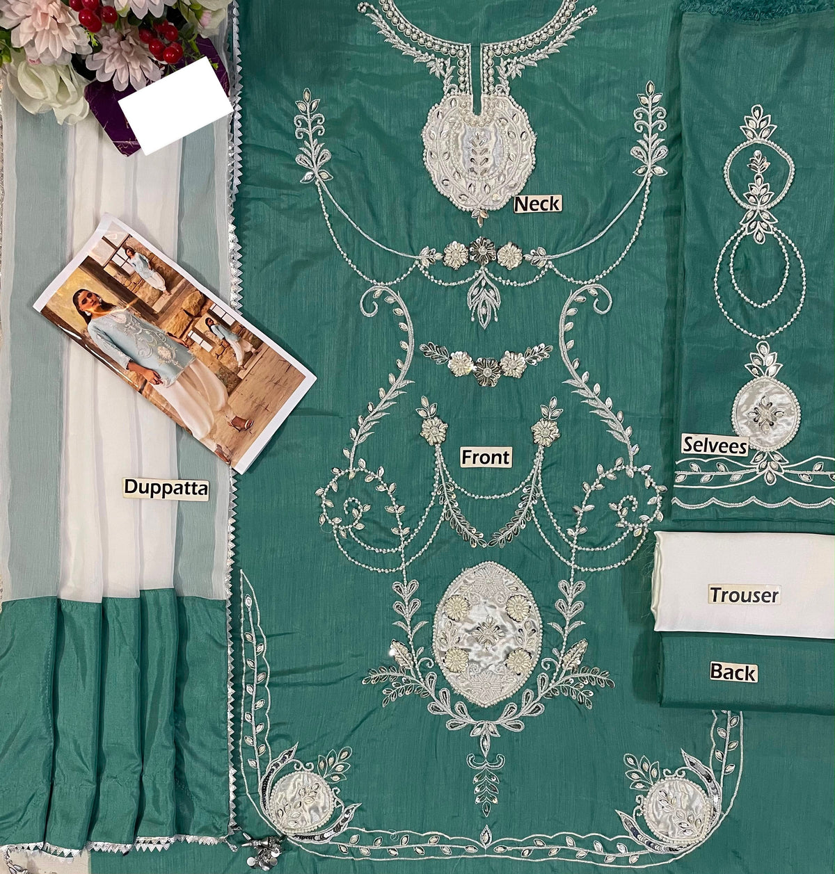 Celeste Azure Raw Silk Addawork Festive Suit | RTW