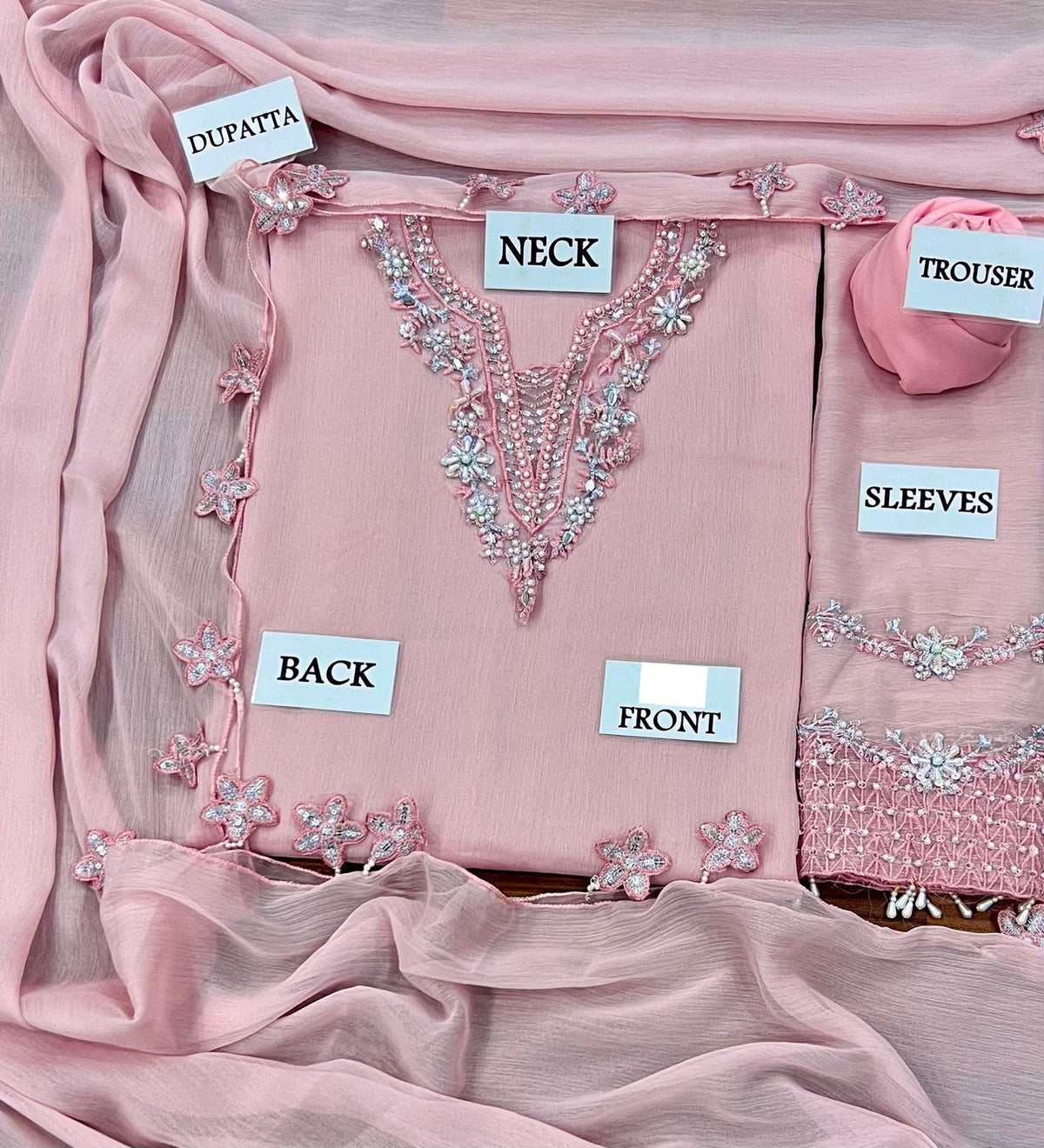 Blushing Rose Hand-Embellished Chiffon Festive Suit | RTW