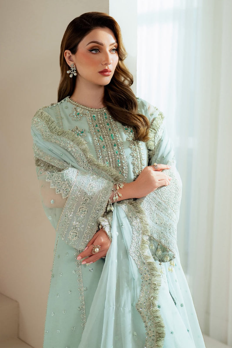 LIZEH Luxury Mint Organza Hand-Embellished Partywear Dress | Ready to Wear