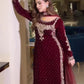 Poshkari Luxury Velvet Embroidered Stitched Maroon Majesty Suit |RTW