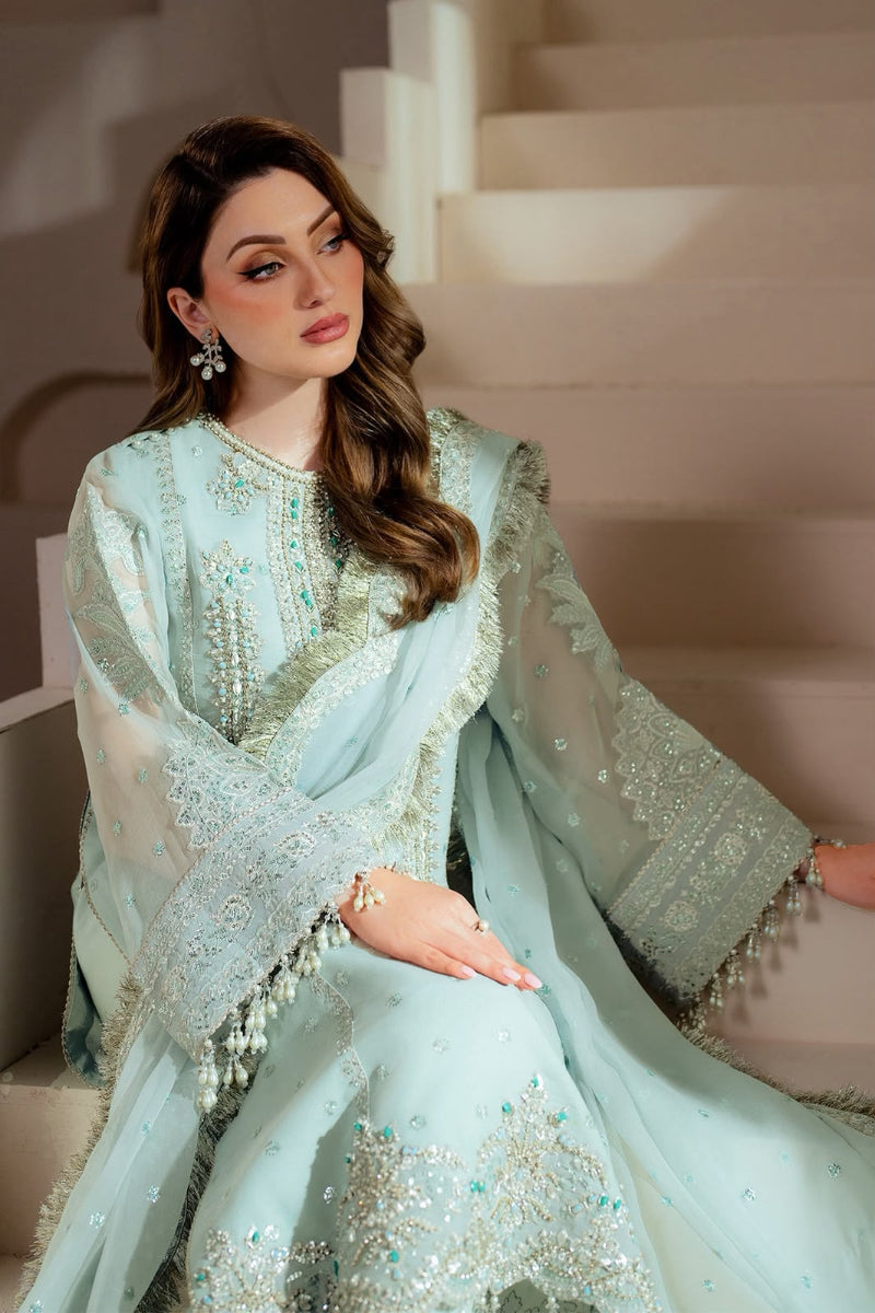 LIZEH Luxury Mint Organza Hand-Embellished Partywear Dress | Ready to Wear