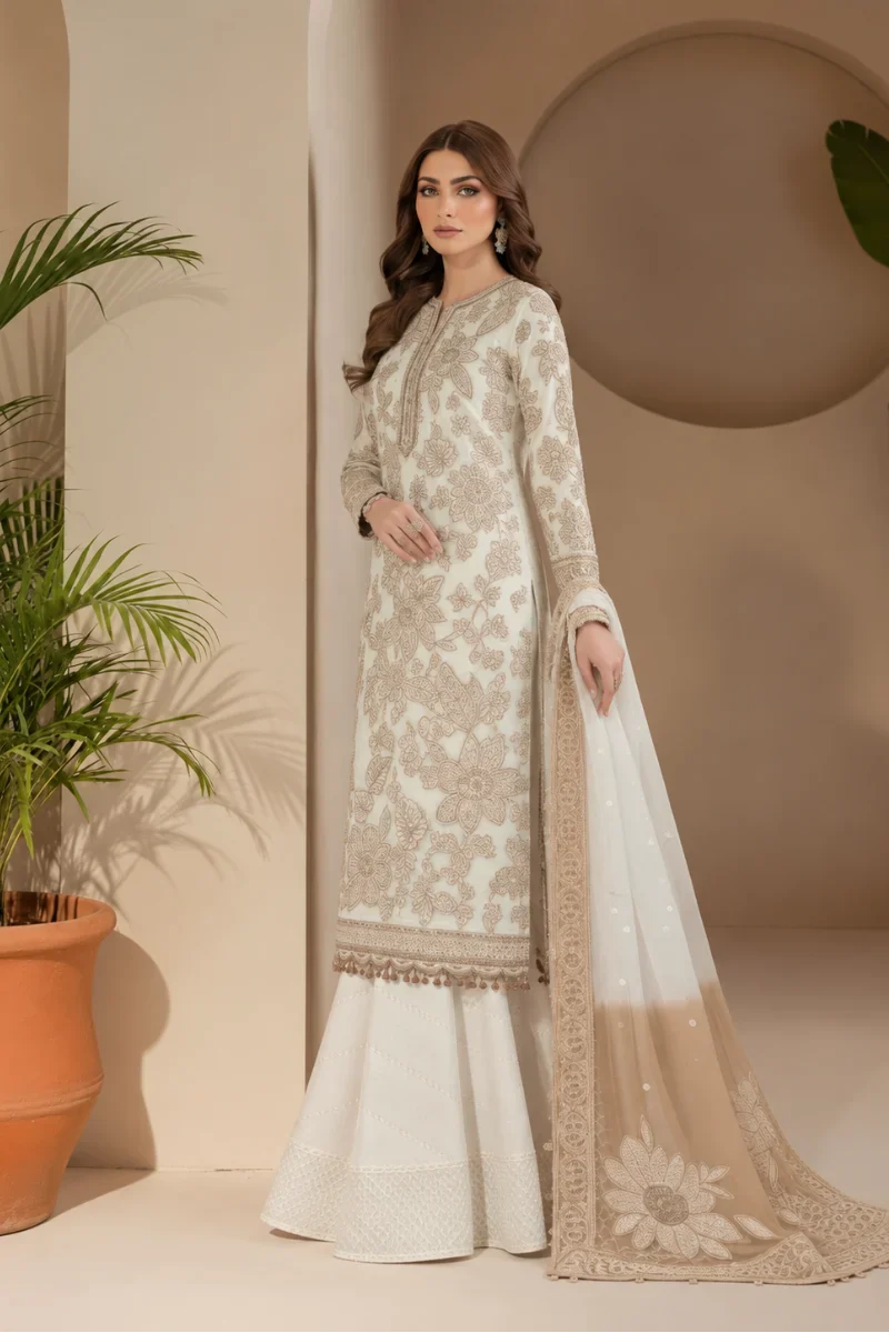 Ivory Chiffon Embroidered 3-Piece Suit with Printed Net Dupatta