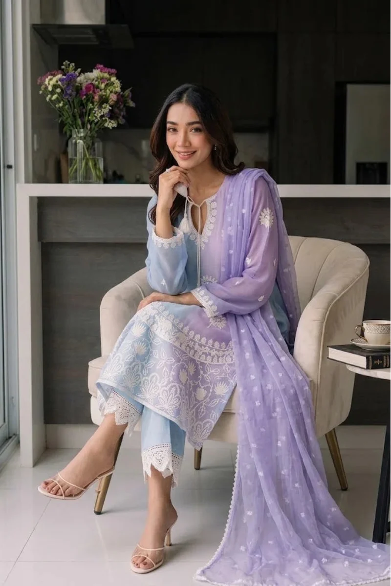 Pastel Sky & Soft Lilac Dual-Tone: Embroidered Chiffon Suit