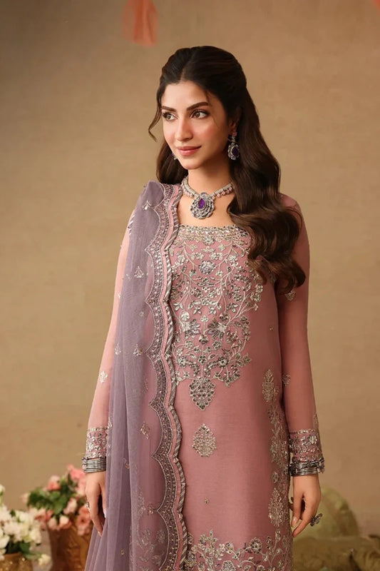 Mauve Pink & Metallic Silver: Embroidered Chiffon Suit