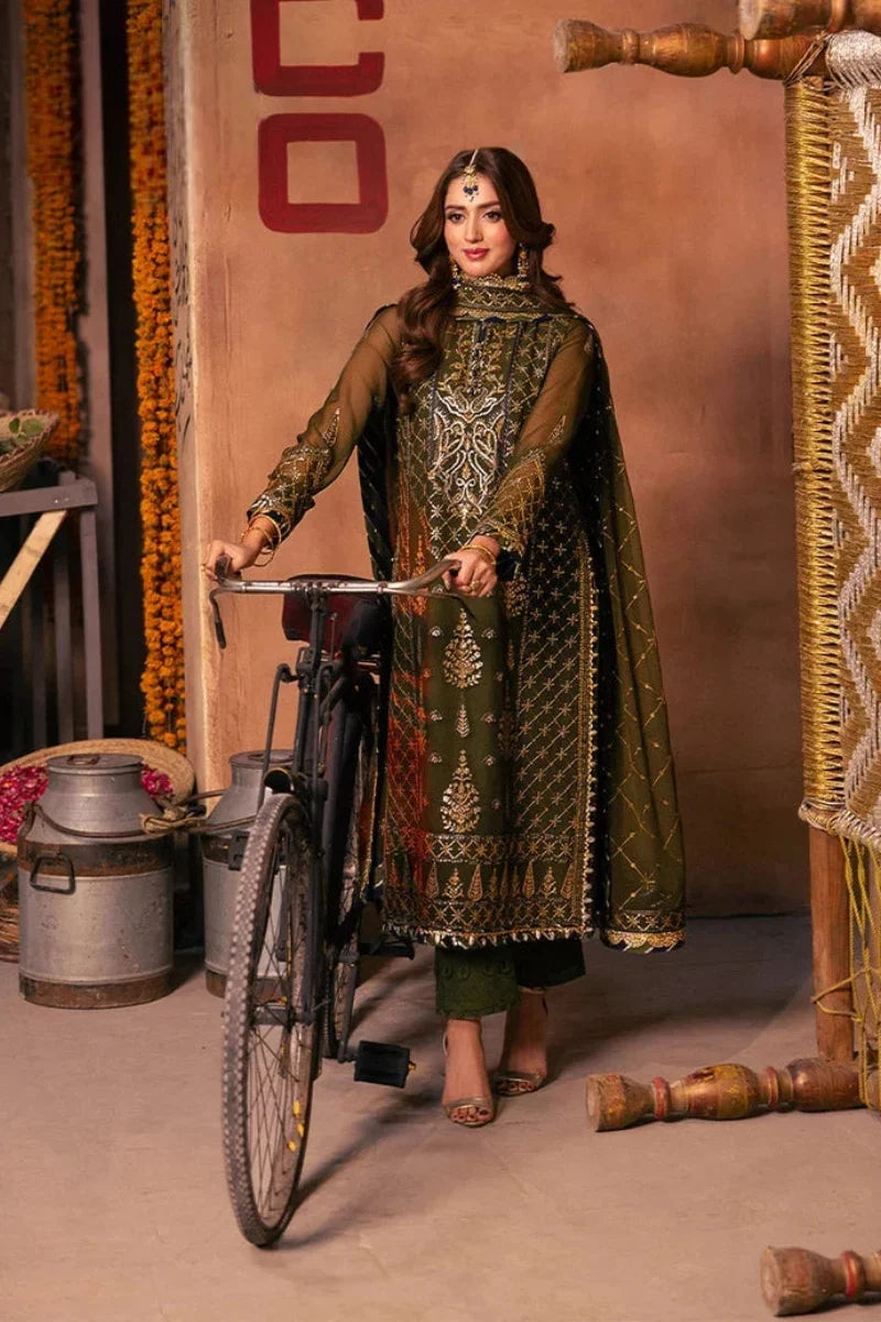 Deep Olive Green & Antique Gold: Embroidered Chiffon Suit