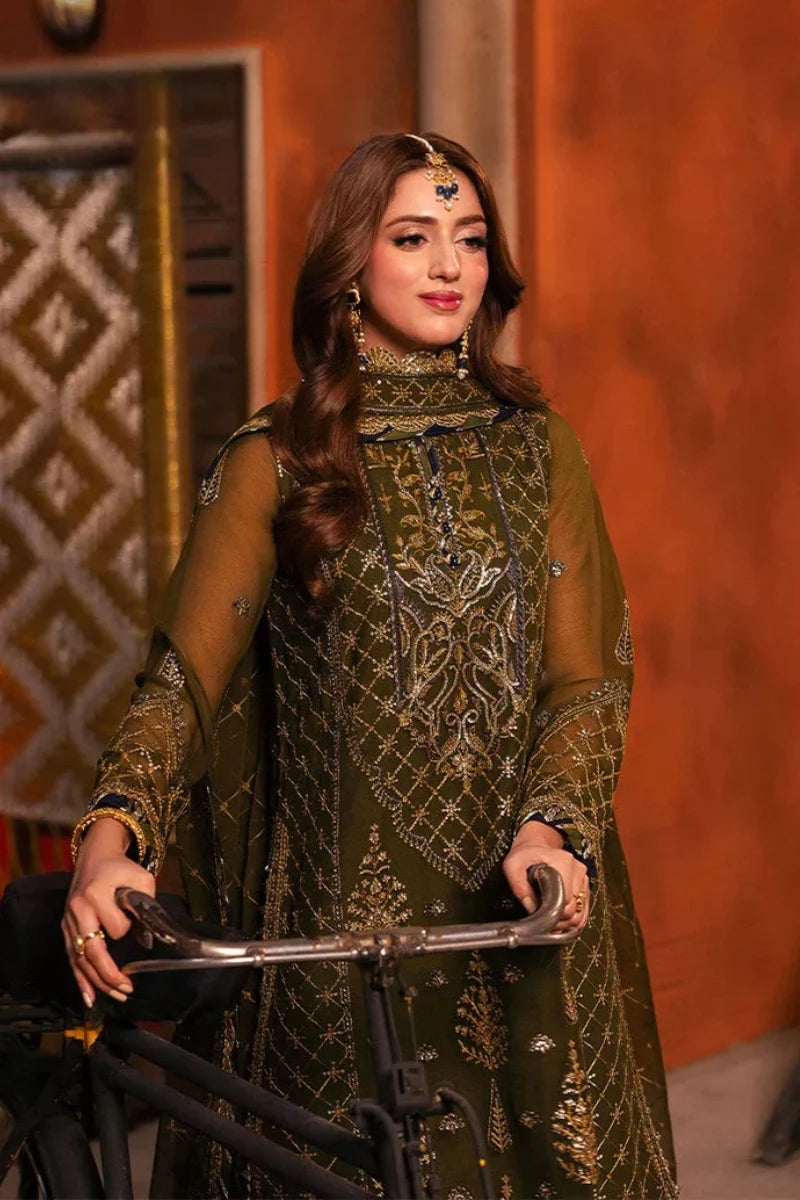 Deep Olive Green & Antique Gold: Embroidered Chiffon Suit