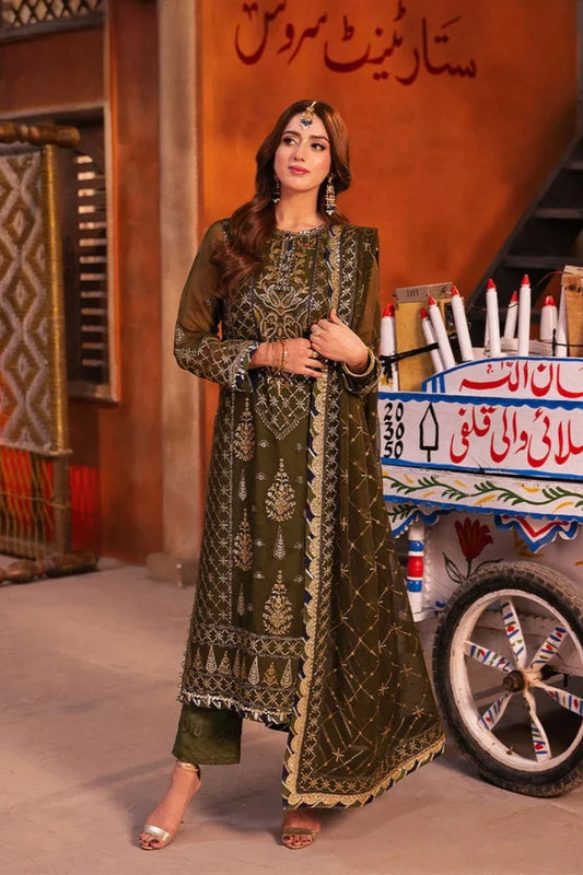 Deep Olive Green & Antique Gold: Embroidered Chiffon Suit
