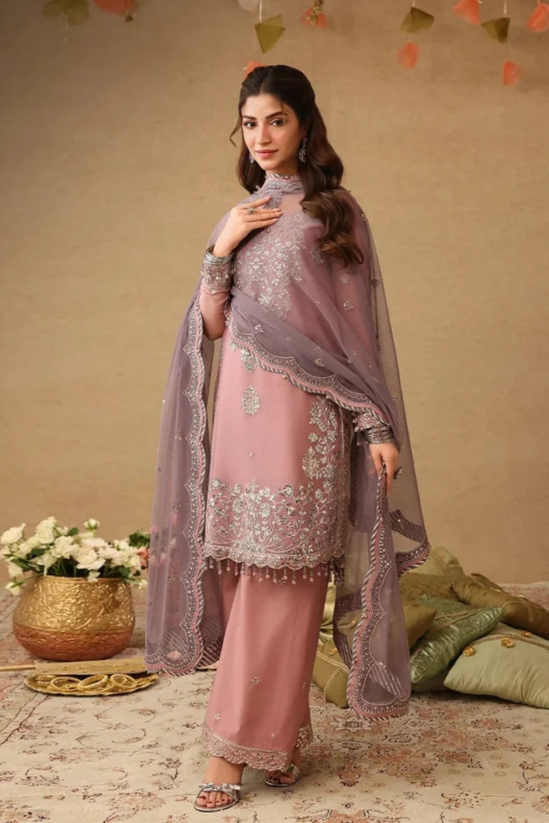 Mauve Pink & Metallic Silver: Embroidered Chiffon Suit