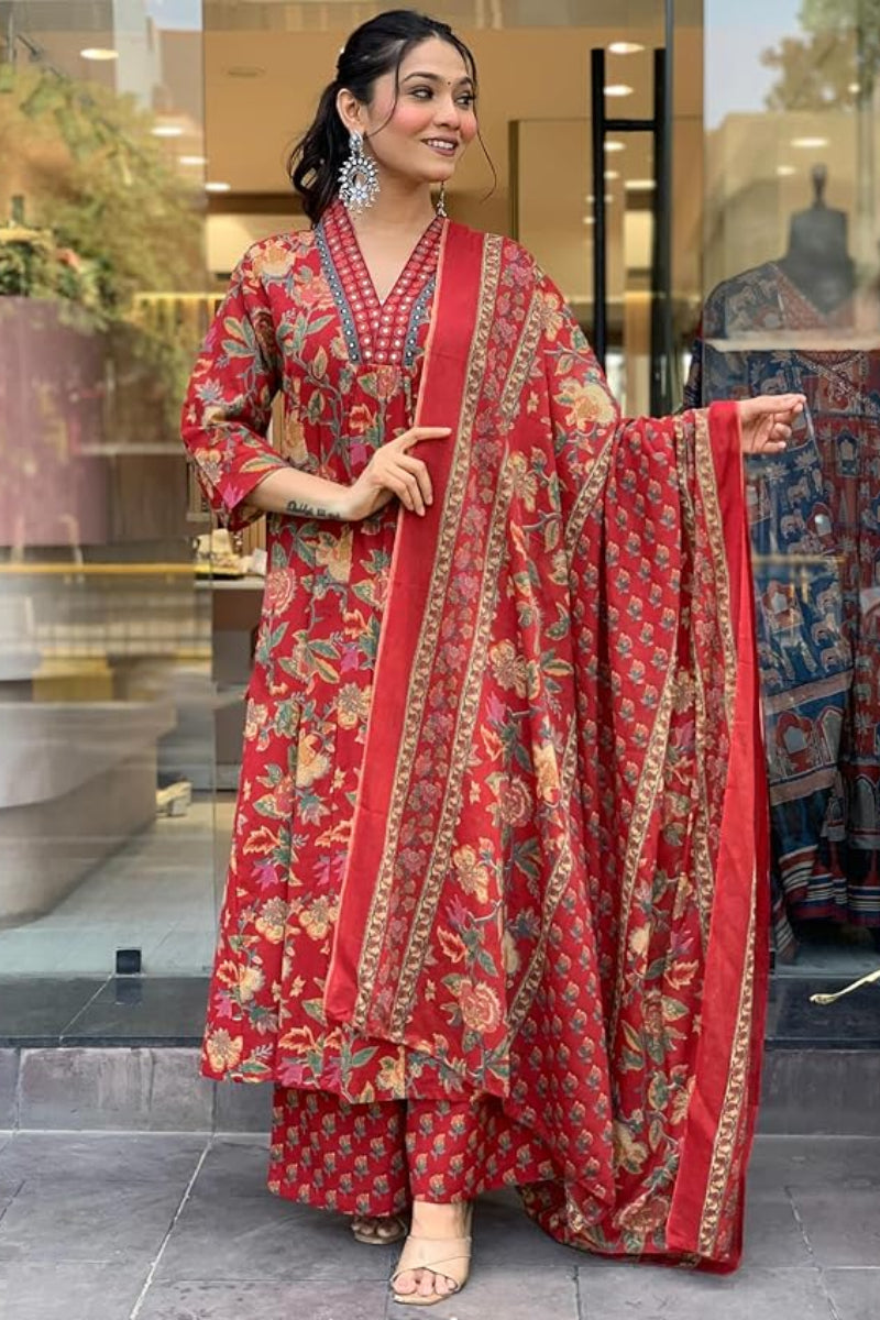 Cotton Anarkali 3Pcs Kurti & Palazzo Set with Dupatta | Ready To Wear