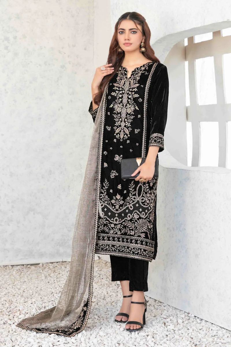 03-Piece Stitched Velvet Suit With Maysori Dupatta