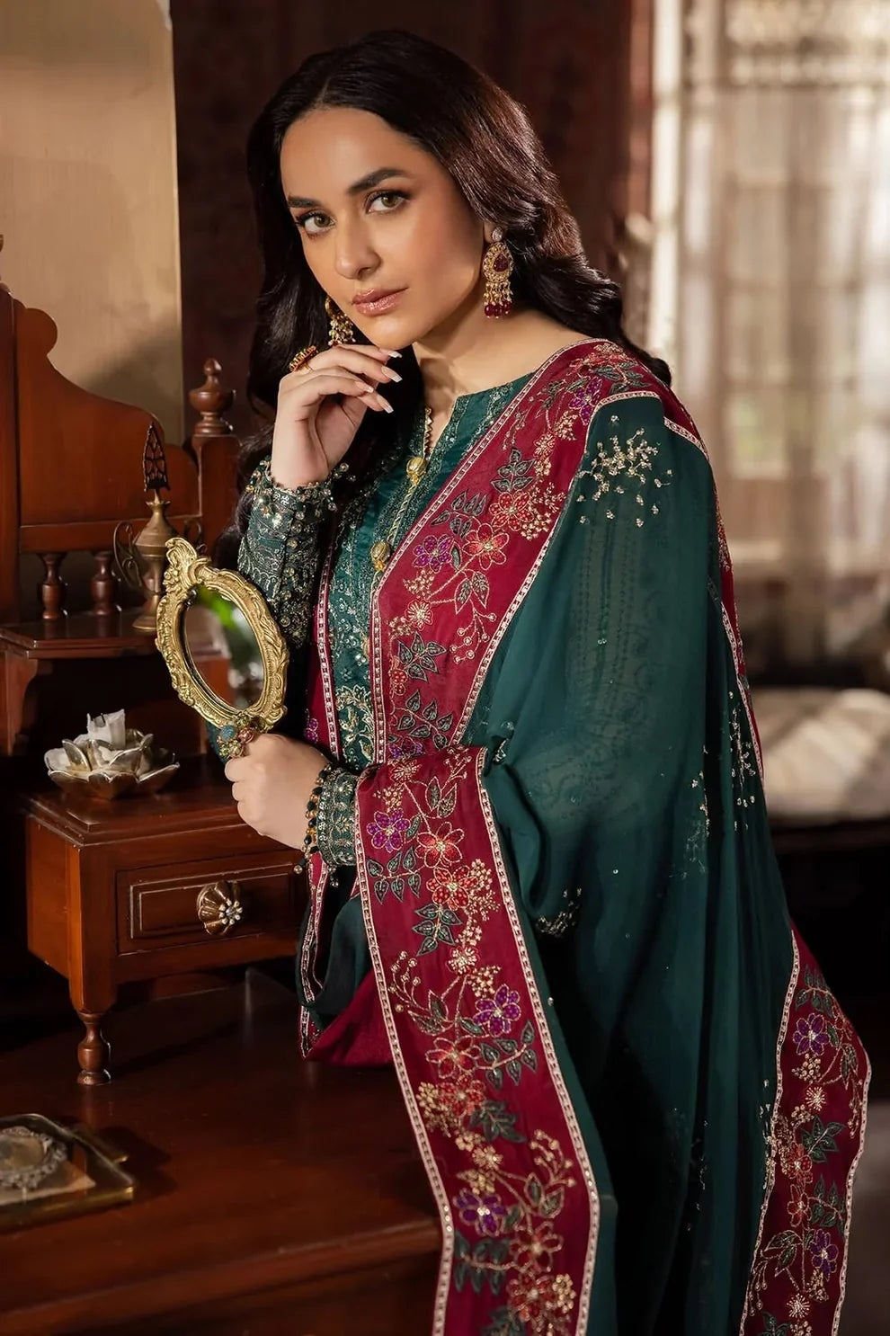 Dark Green Luxury Heavy Embroidered Chiffon 3-Piece Ready-to-Wear